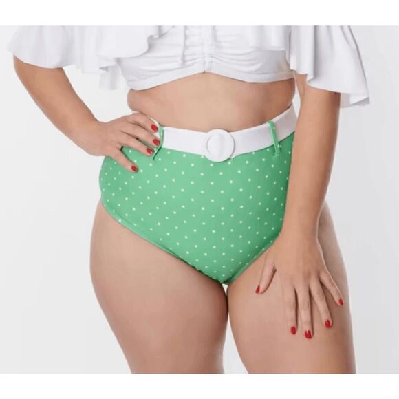 Unique Vintage Apple Mint & White Pin Dot Swim Bikini Bottoms LARGE - Picture 1 of 7